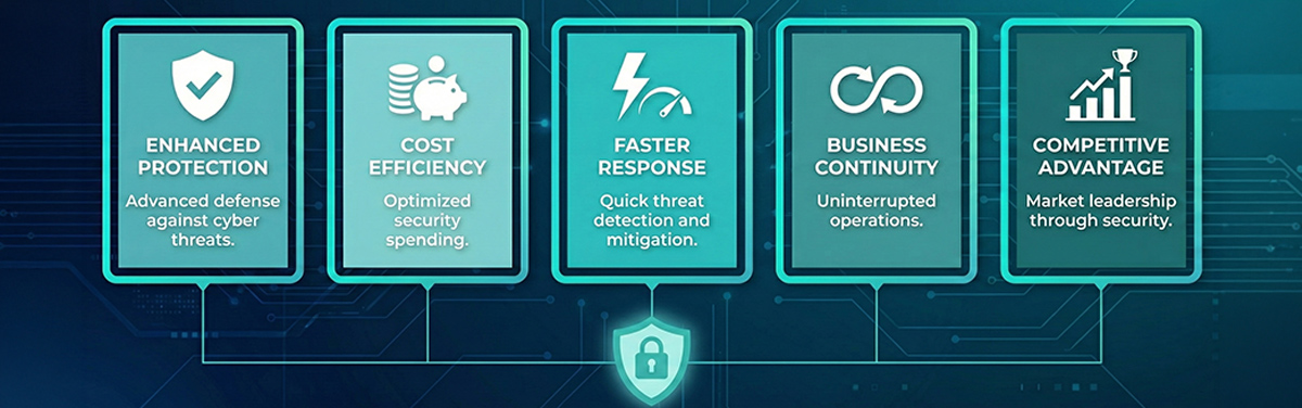 Five key benefits of AI-Security including cost efficiency, enhanced protection, faster response, business continuity, and competitive advantage
