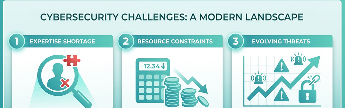 Three major cybersecurity challenges affecting businesses - expertise shortage, resource constraints, and evolving threats