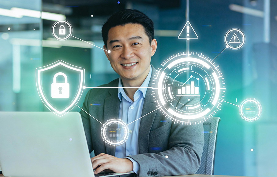Business professional managing AI-powered cybersecurity dashboard for 2026 threat protection