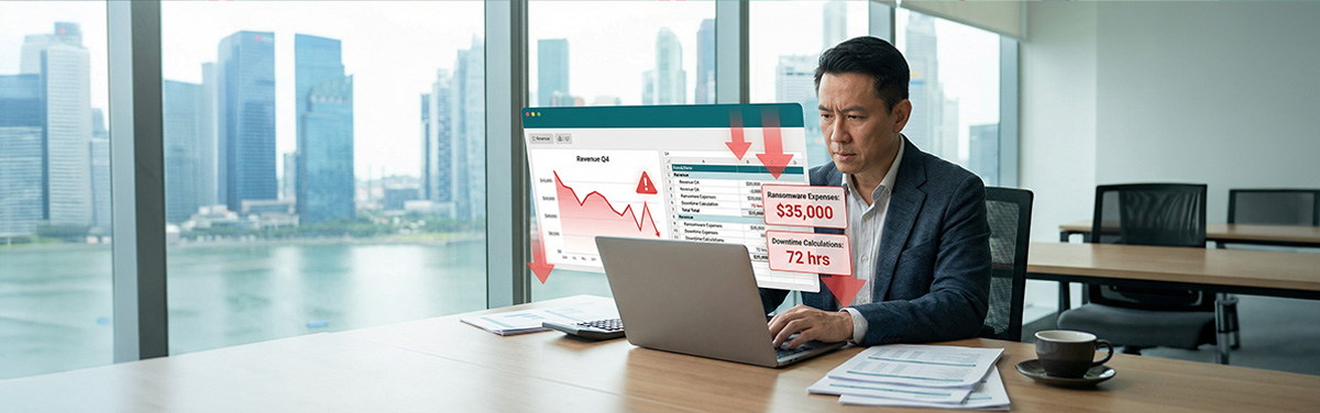 SME business owner analyzing financial impact of cyberattack costs including ransomware expenses and downtime losses
