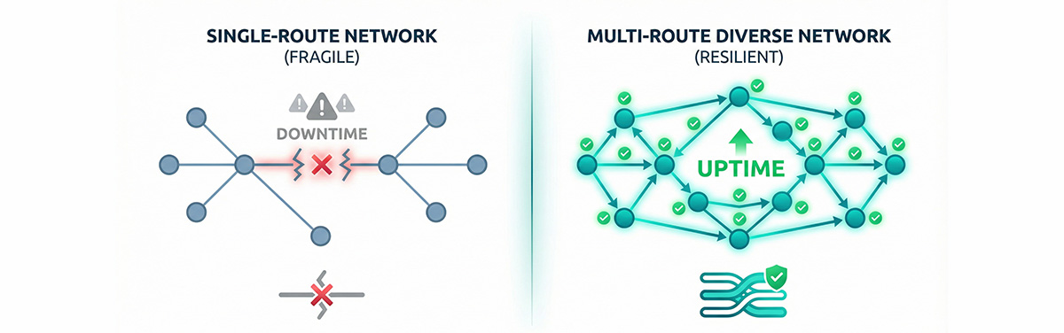 Comparison diagram showing benefits of diverse routing infrastructure versus single-route network with SPTel teal connectivity