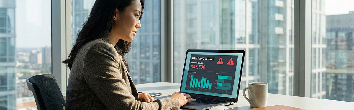 Business executive reviewing data centre downtime costs and financial impact on corporate dashboard
