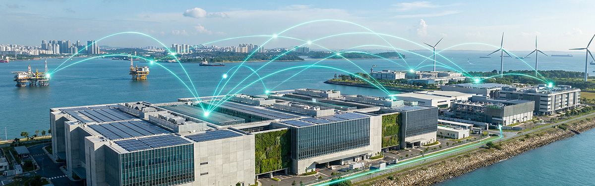 Jurong Island low-carbon data centre park with teal turquoise regional connectivity links to Malaysia and Indonesia