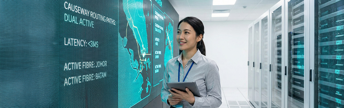 SPTel network engineer monitoring diverse routing dashboard showing Singapore to Johor and Batam connectivity