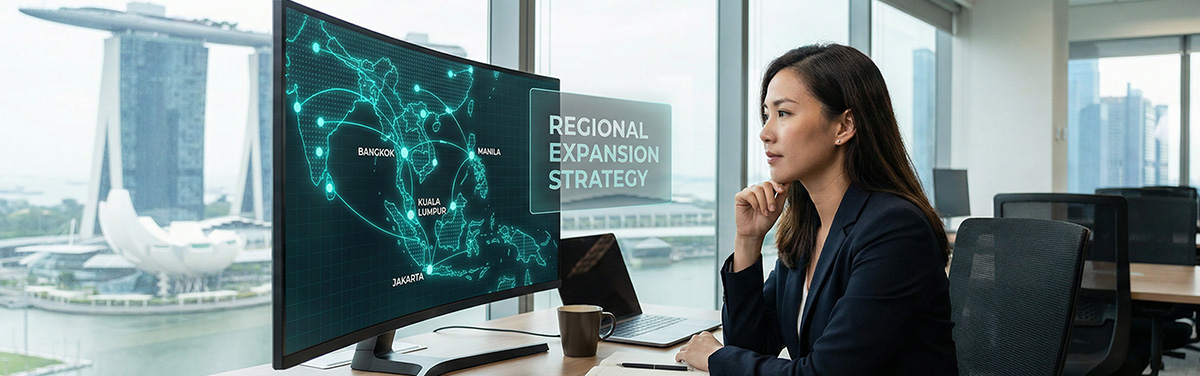 Business professional reviewing Southeast Asia regional data centre expansion strategy on digital map