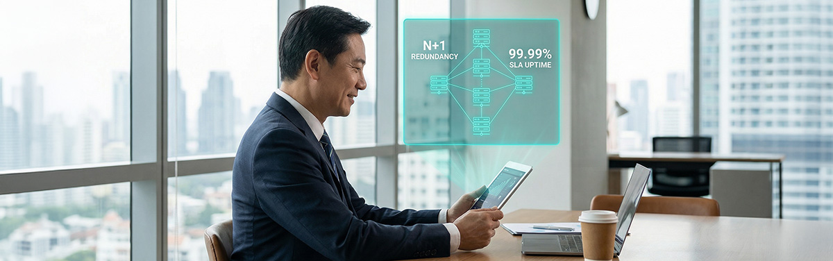 IT director reviewing resilient regional data centre strategy with teal turquoise network redundancy diagram