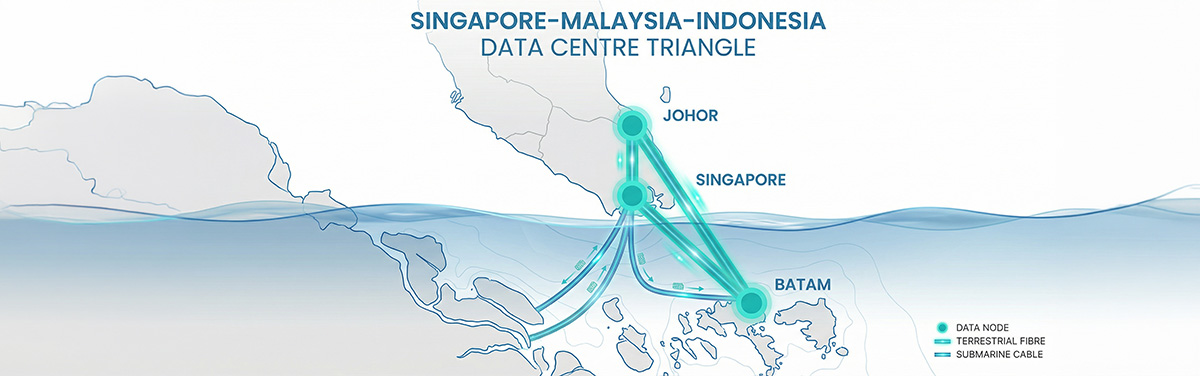 Infographic map of Singapore-Malaysia-Indonesia data centre corridor showing fibre connectivity between regional hubs