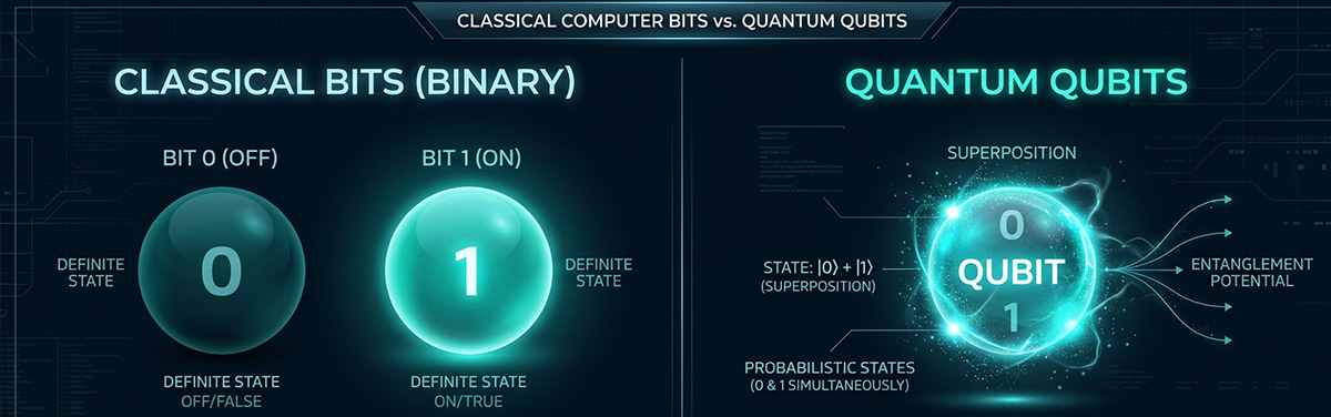 Classical computing vs quantum computing concept illustration
