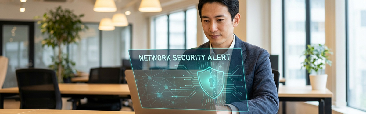 Business professional monitoring ransomware and malware threat alerts on laptop