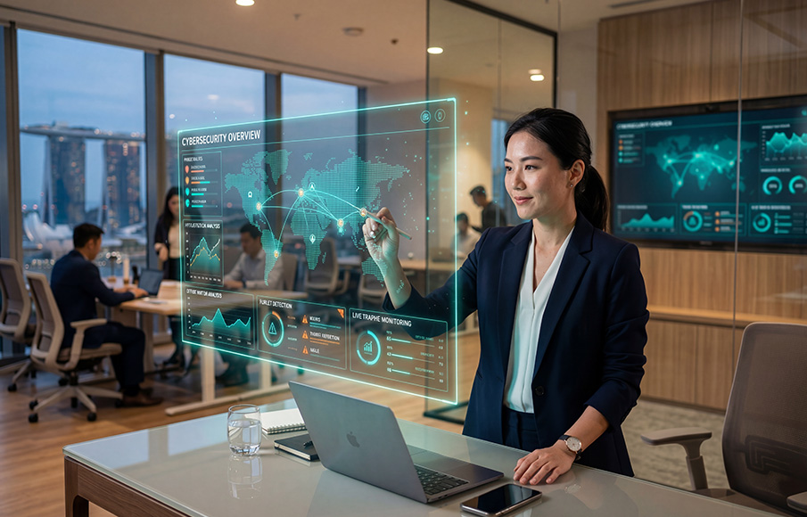 IT manager reviewing cybersecurity dashboard in Singapore office with SPTel network protection
