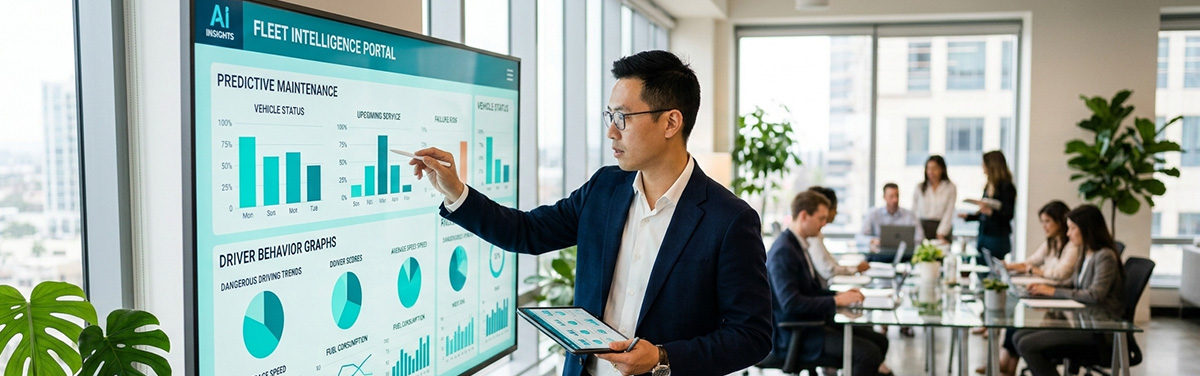 Fleet manager reviewing AI-powered predictive maintenance and driver behaviour analytics dashboard