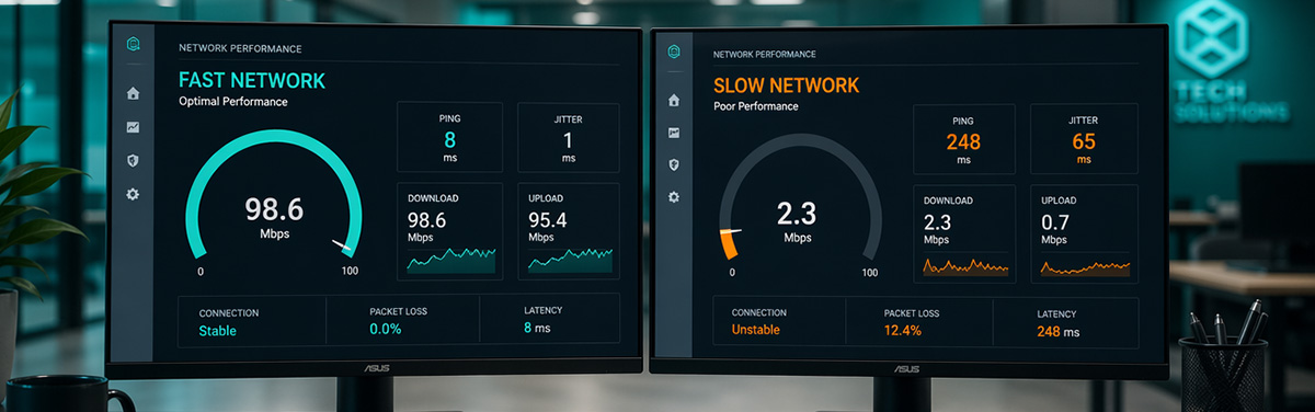 Comparing business broadband performance metrics on office monitors