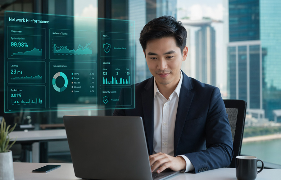 Business professional evaluating broadband plans in Singapore office