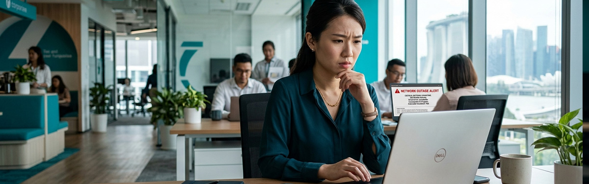 Business owner reviewing network downtime alert on laptop