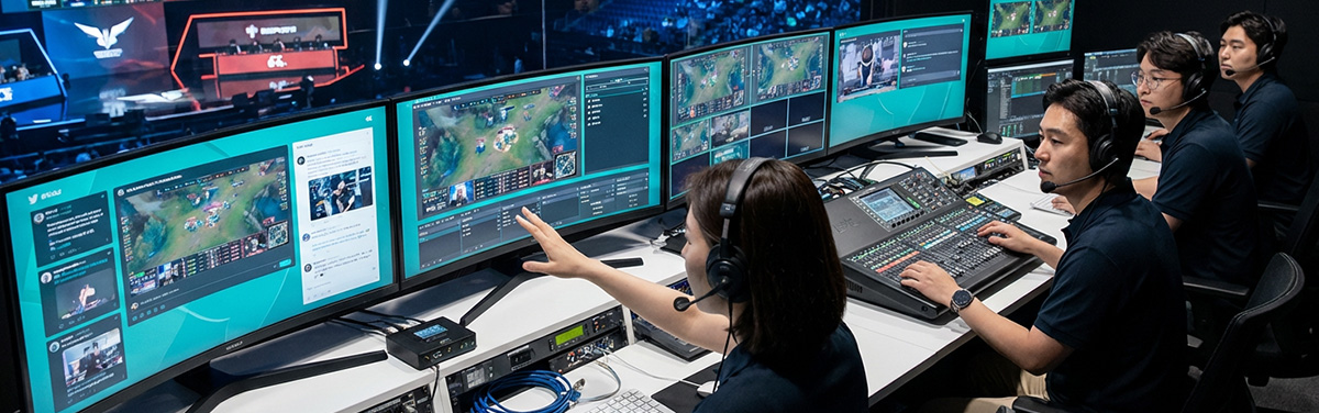 Esports broadcast team managing 4K live stream production at tournament venue