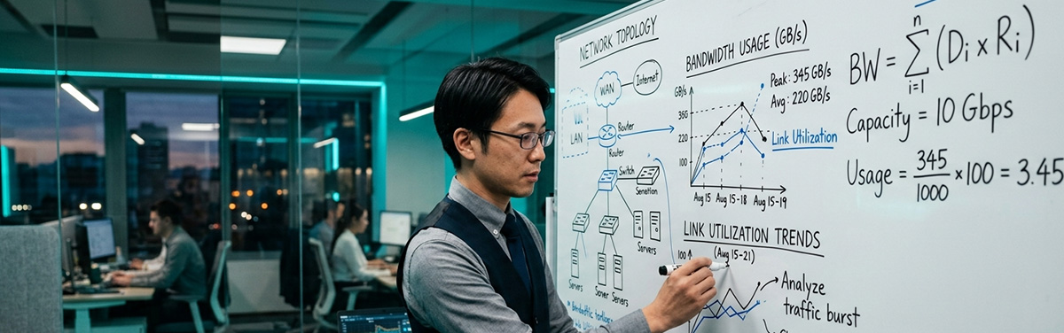 IT manager calculating business bandwidth requirements on whiteboard