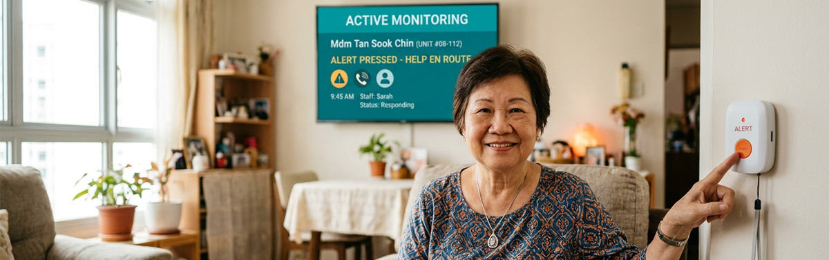 Elderly Singapore resident using IoT wireless alert button connected to a care centre