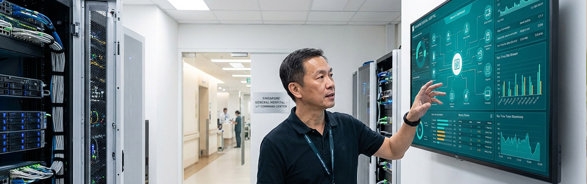 IT professional managing IoT medical devices on a unified network dashboard in Singapore hospital