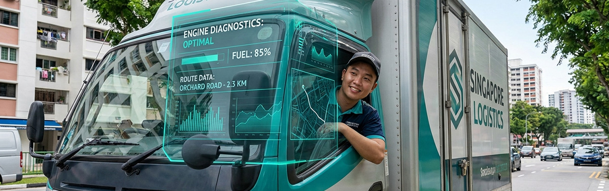 IoT telematics overlay showing vehicle diagnostics and route data on delivery truck in Singapore