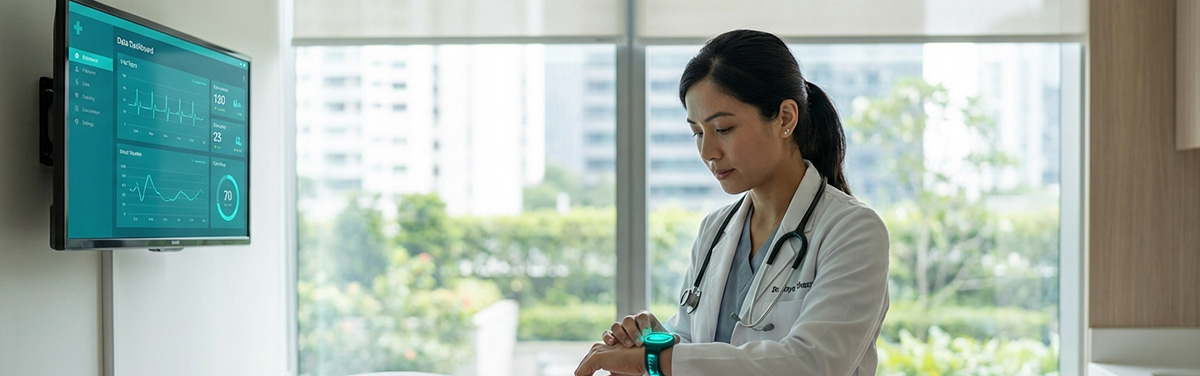 Healthcare professional using IoT wearable device for remote patient monitoring in Singapore