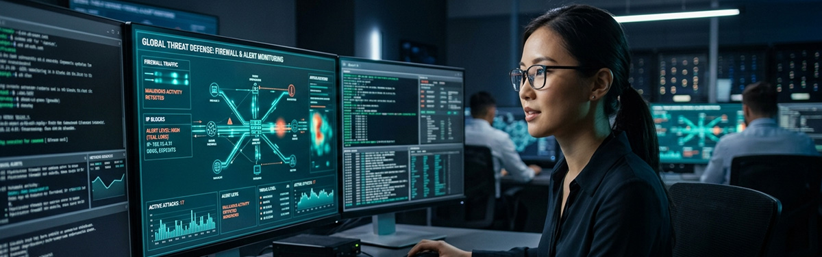 Singapore SME IT team monitoring managed security services and DDoS protection dashboard