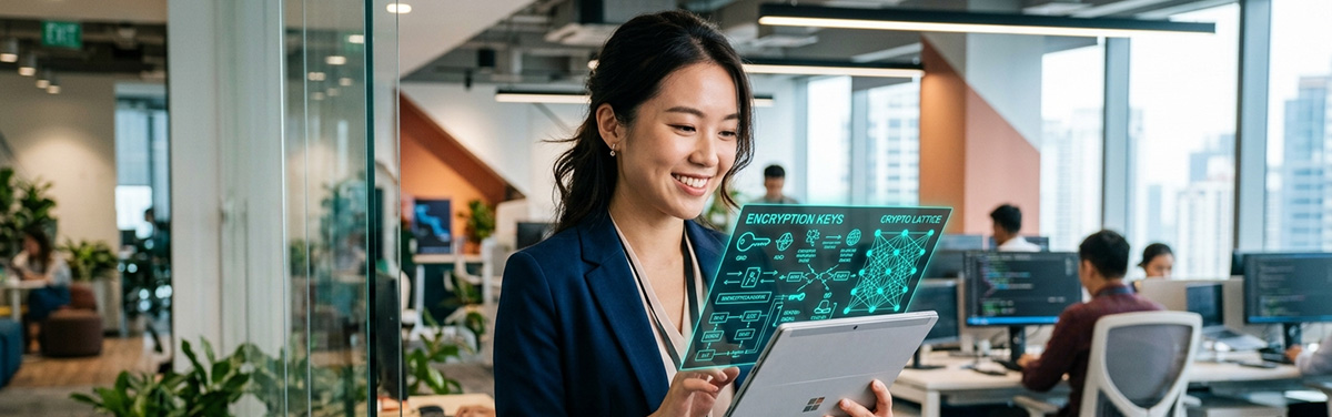 IT professional reviewing post-quantum cryptography standards on tablet