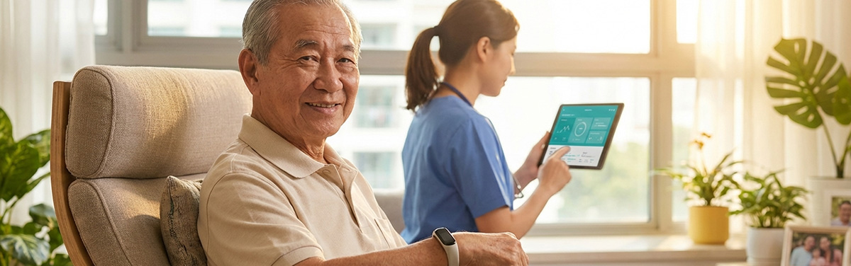 Elderly patient monitored remotely by Singapore healthcare worker using IoT connected device