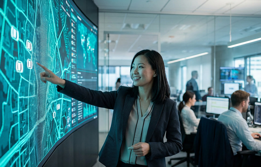 Fleet manager monitoring real-time GPS tracking dashboard in Singapore logistics operations centre