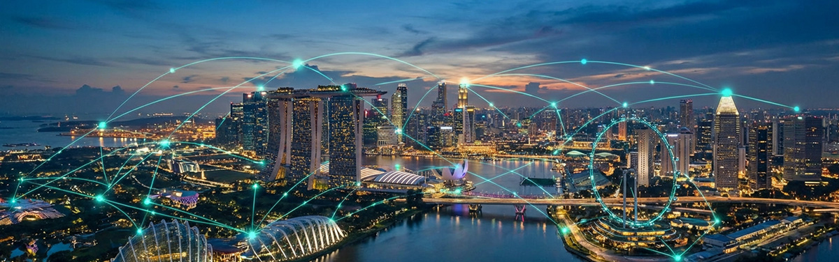 Singapore skyline with quantum network overlay representing national quantum strategy
