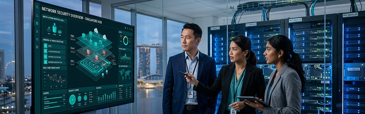 SPTel team reviewing quantum-safe network security solutions in Singapore data centre