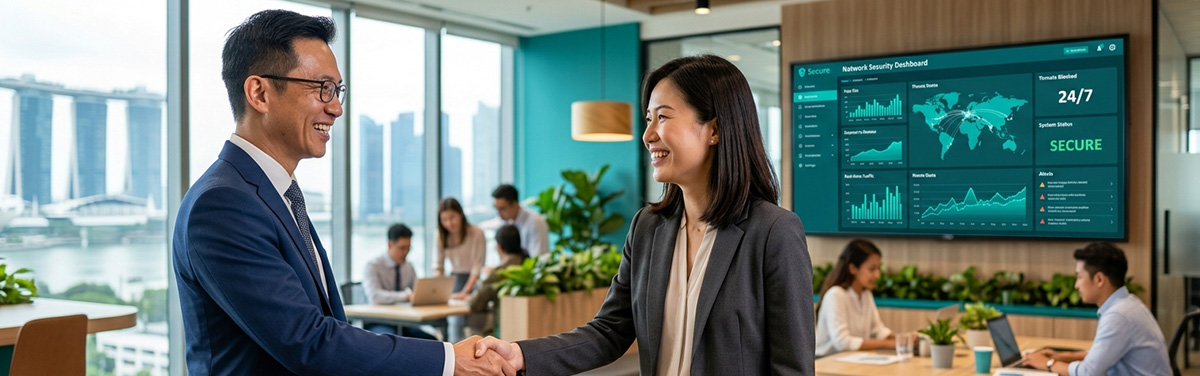 Business professionals partnering with SPTel for quantum-safe cybersecurity in Singapore