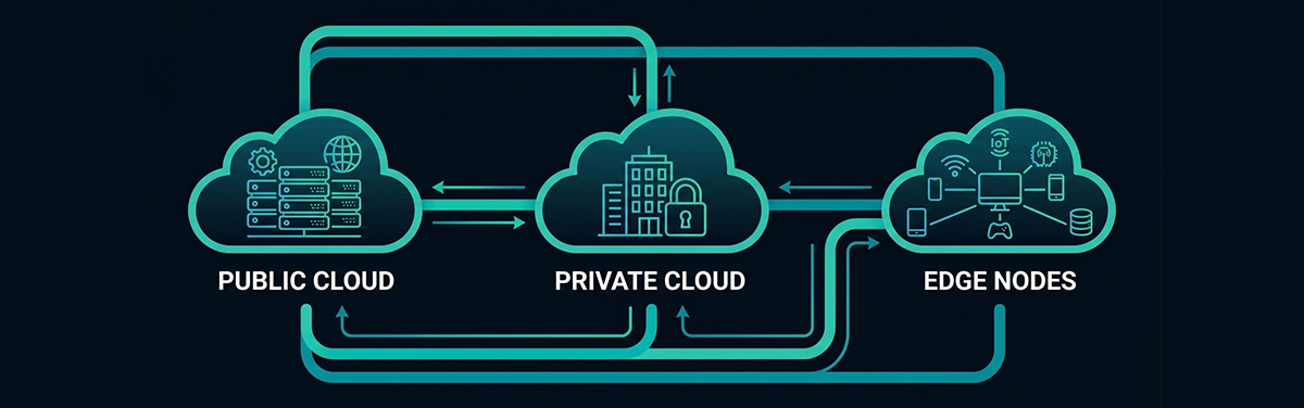 Hybrid cloud infrastructure combining public cloud, private cloud, and edge computing