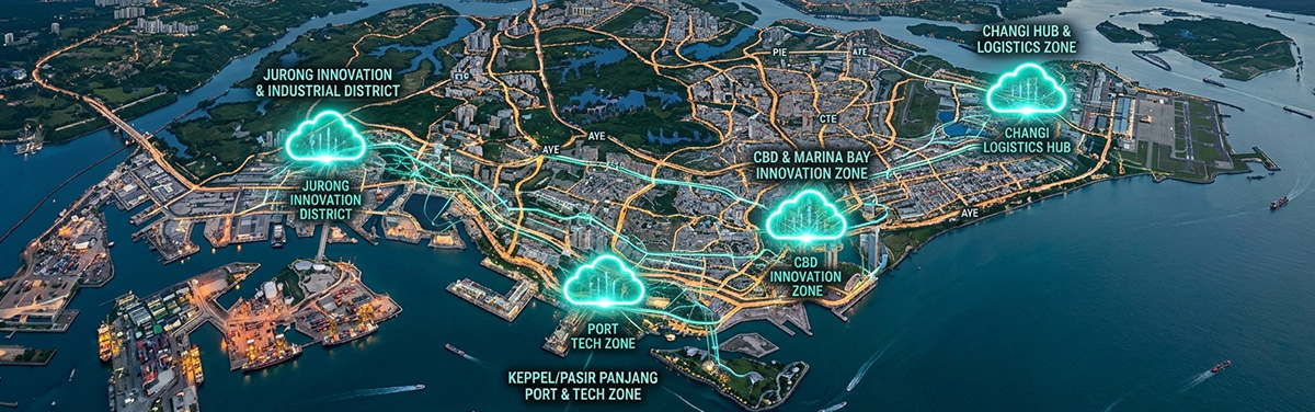 Aerial view of Singapore's commercial and industrial districts with teal turquoise glowing edge cloud hub nodes overlaid across four zones of the island, connected by network lines. Futuristic, professional, clean. No people. High quality digital illustration style.