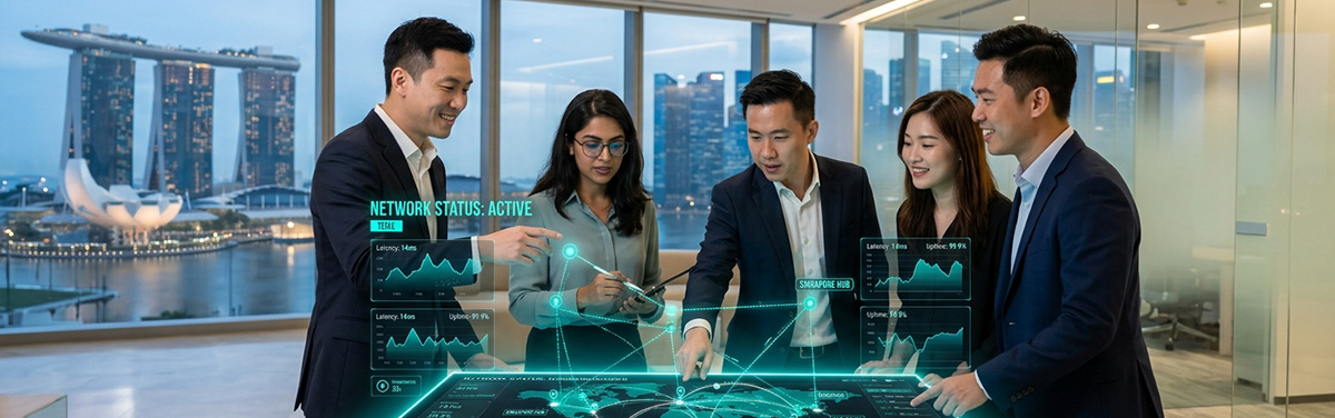 Business team using a unified network management platform in a modern office