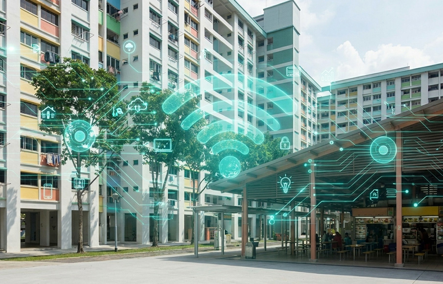 Smart township Singapore IoT sensors monitoring Hawker Center infrastructure